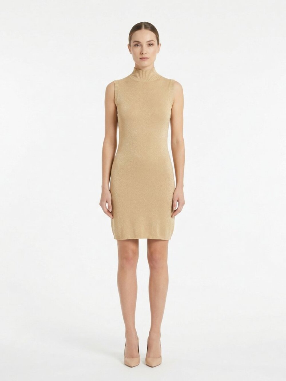 *Hugo Buscati Tan with Gold Shimmer Silk Turtleneck Sleeveless Dress